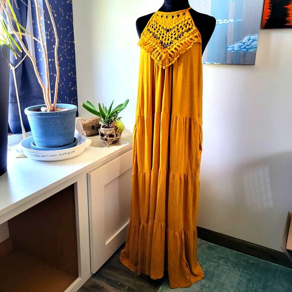 Three Bird Nest Mustard Tiered Maxi Dress Size XL Boho Flowy - Picture 1 of 7